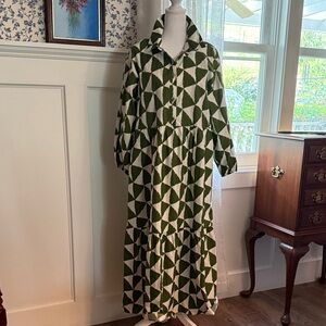 Maeve Green and White Geometric Midi Dress